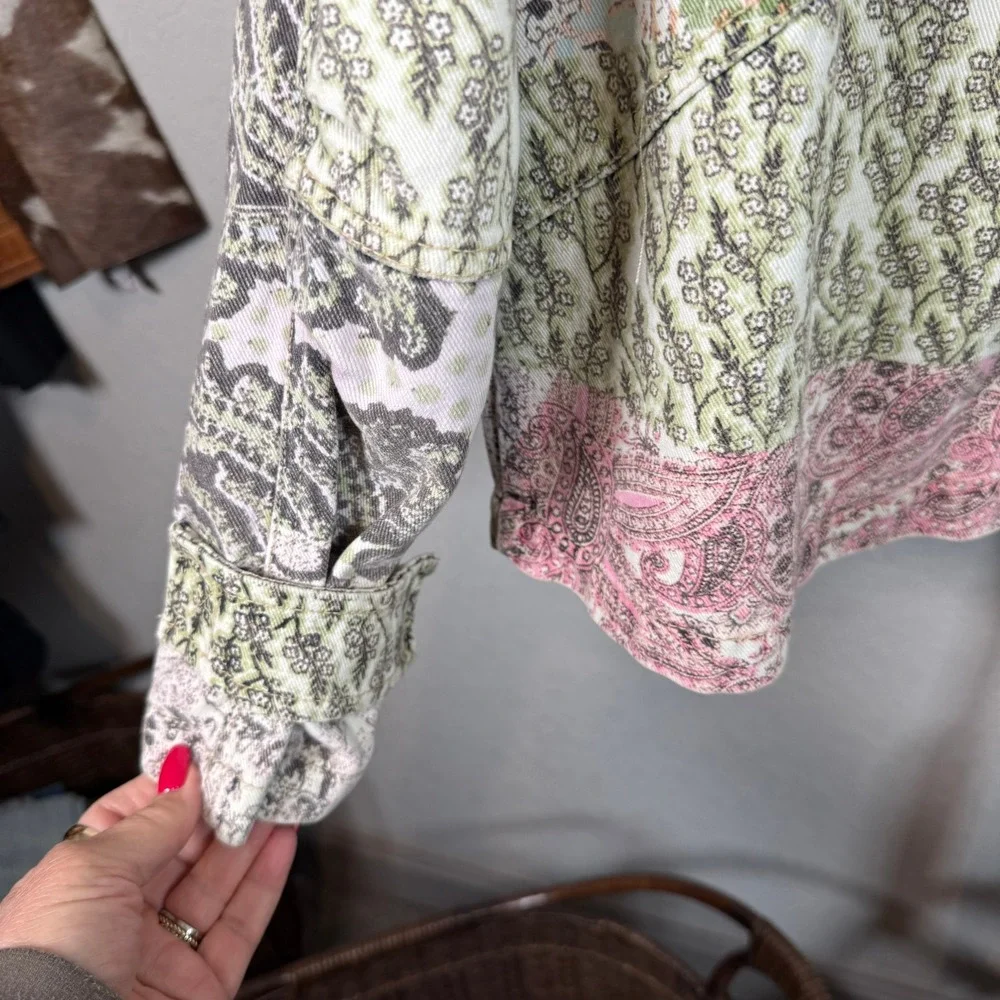 Free People Womens Patchwork Denim Jacket Paisley Floral Multi Color XS - Picture 11 of 11